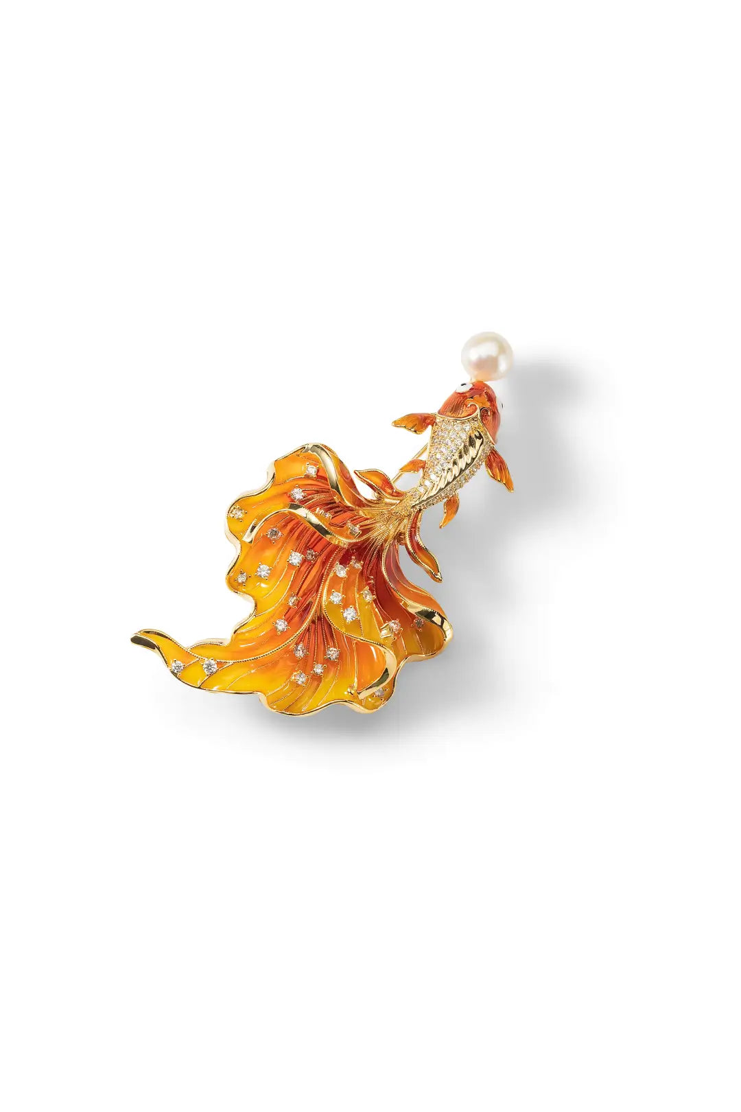 Aiko Tanaka Kasane brooch, a gold and orange enamel flower spray with crystals and a pearl, on white