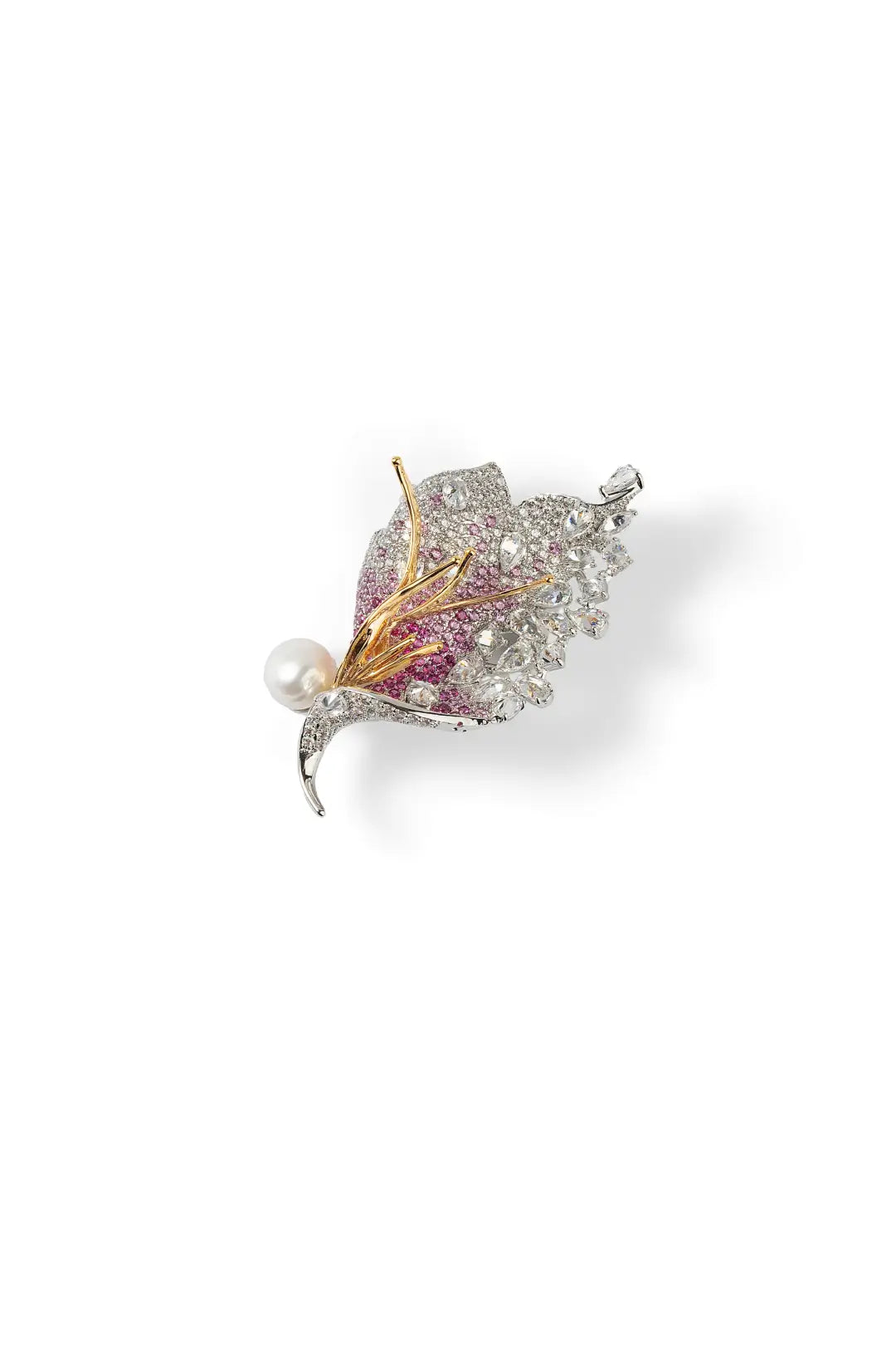 Aiko Tanaka Akatsubasa brooch, a pink and gold crystal wing with a white pearl, shown small on a white background