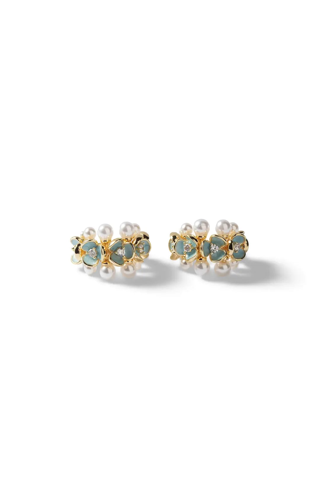 Aiko Tanaka Aonagi earrings, a pair of blue enamel and gold flower studs with pearls, shown on a white background