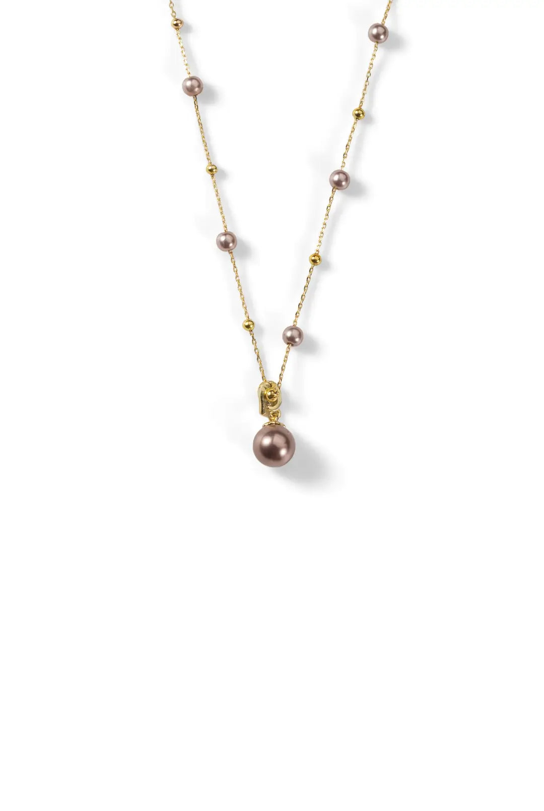 Aiko Tanaka Yoiboshi necklace, a gold chain with spaced dark pearls and a larger pearl drop, on a white background