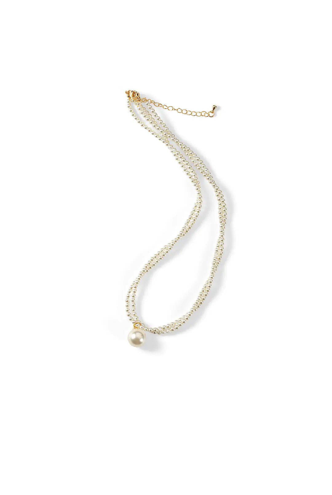 Aiko Tanaka Tsukishiro necklace laid out, a double row of tiny white pearls ending in a large pearl, white background