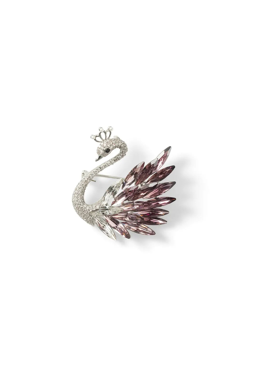 Aiko Tanaka Shiraha brooch, a sparkling silver swan with a crown and pink-violet crystal wings, on a white background