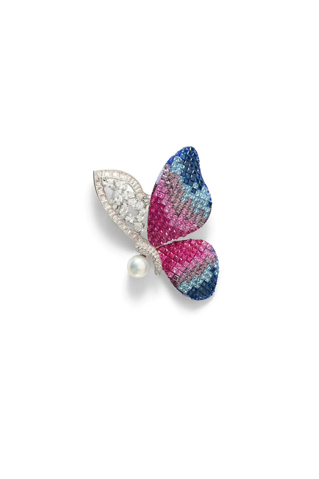 Aiko Tanaka Ageha brooch, a crystal butterfly with pink and blue pavé wings and a pearl, on a white background