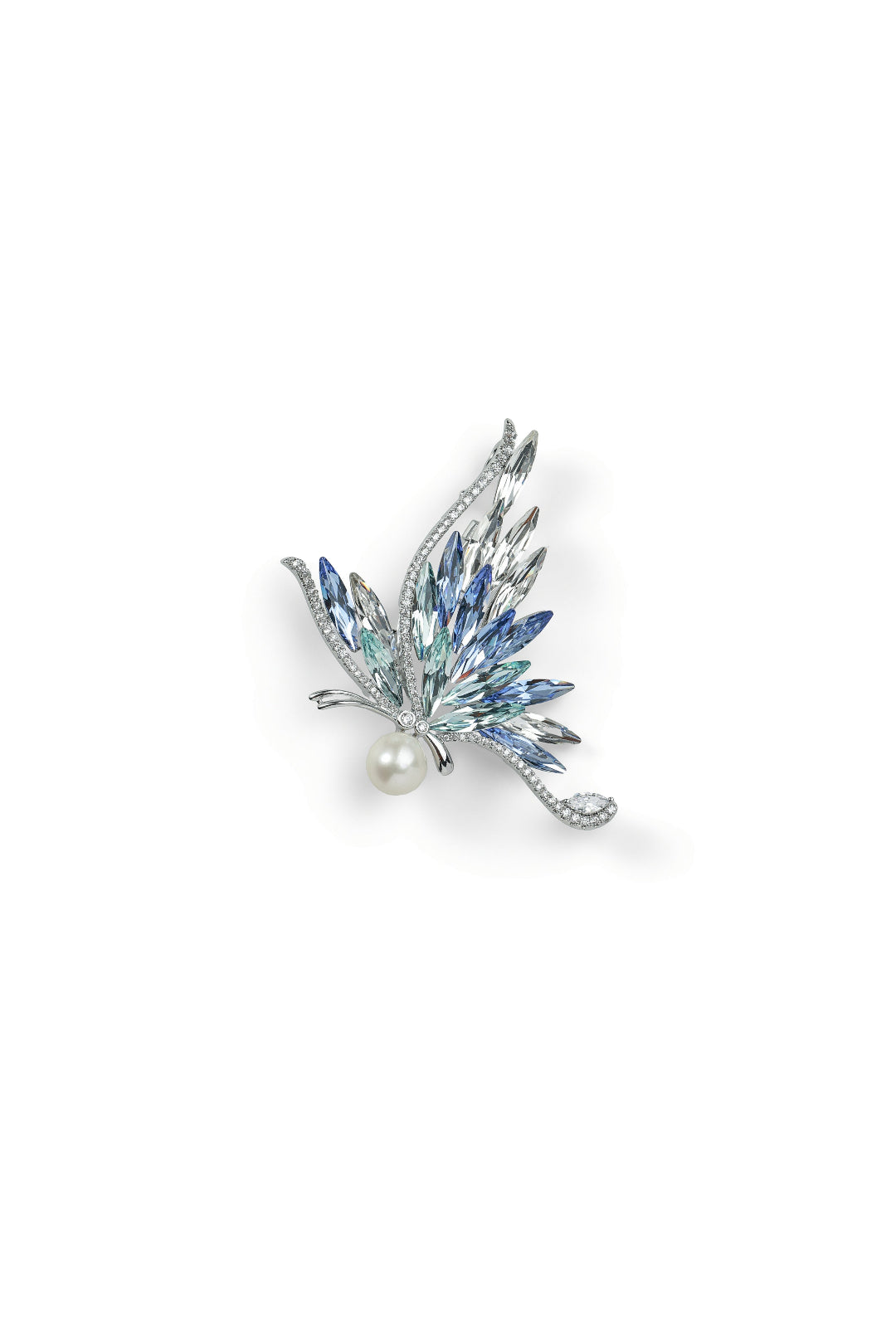 Aiko Tanaka Ao no Senko brooch, a spray of blue and lilac marquise crystals in silver with a white pearl, on white