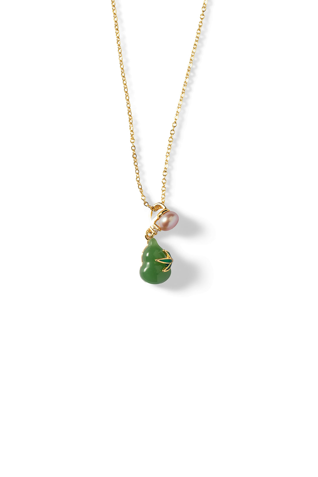 Aiko Tanaka Tsuyu no Kakera necklace, a green jade gourd pendant with a pink pearl on a fine gold chain, on white