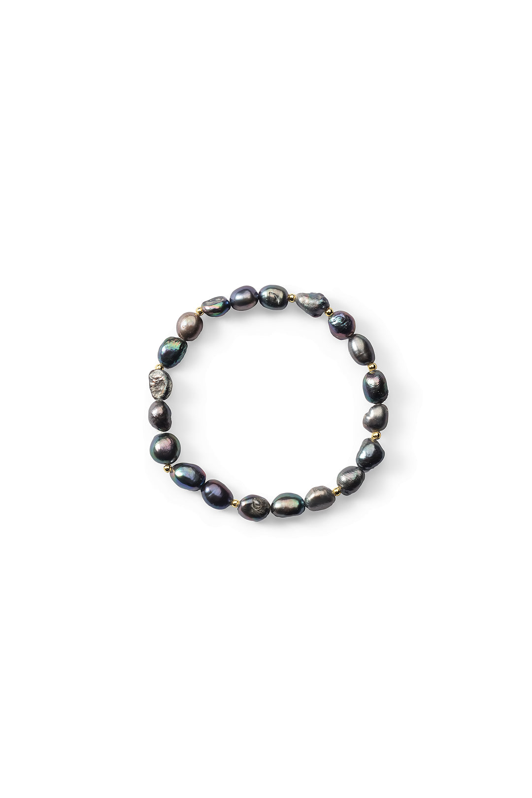 Aiko Tanaka Yoru no Shizuku bracelet, a stretch strand of iridescent black baroque pearls, shown on a white background
