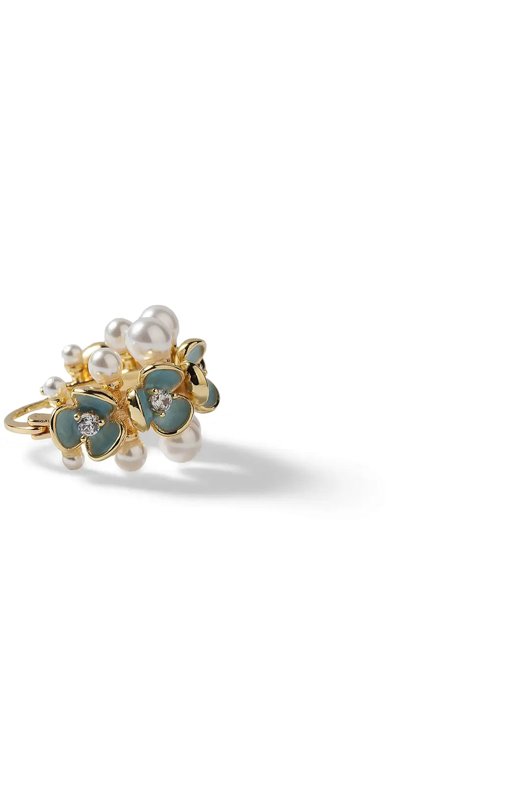 Aiko Tanaka Aonagi earring, a gold cluster stud with blue enamel petals and small pearls, shown on a white background