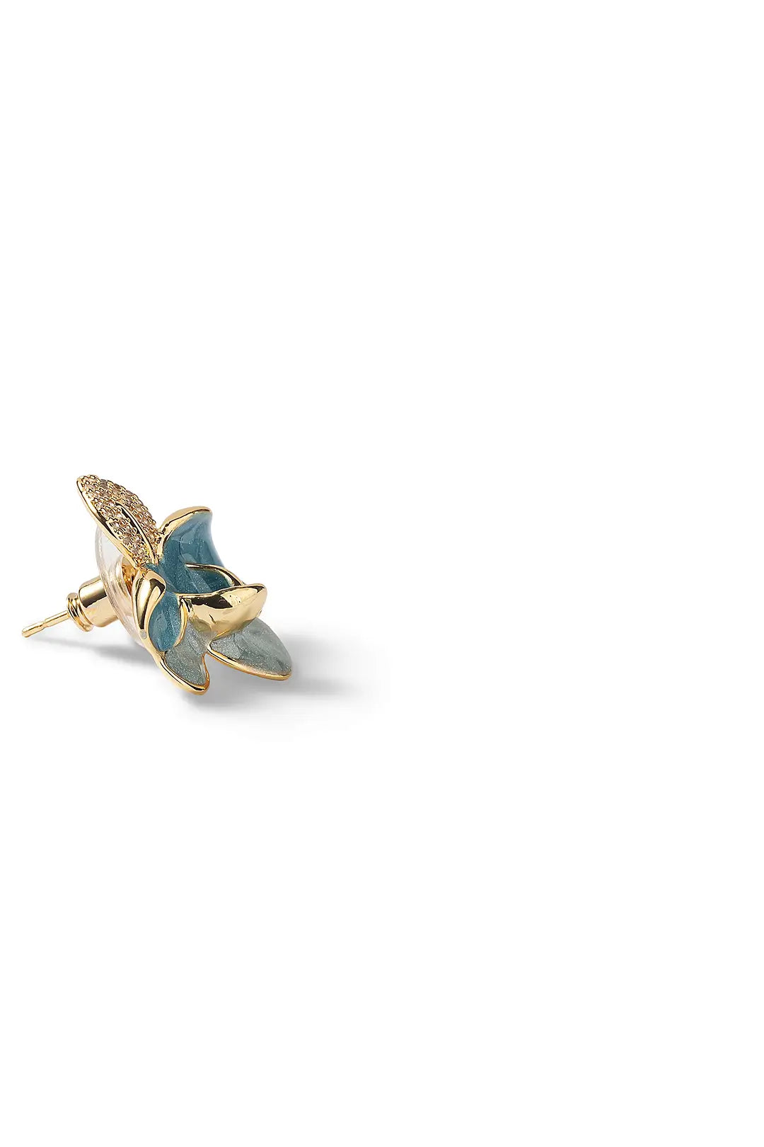 Side view of an Aiko Tanaka Soka blue enamel flower earring with gold crystal accents on a white background