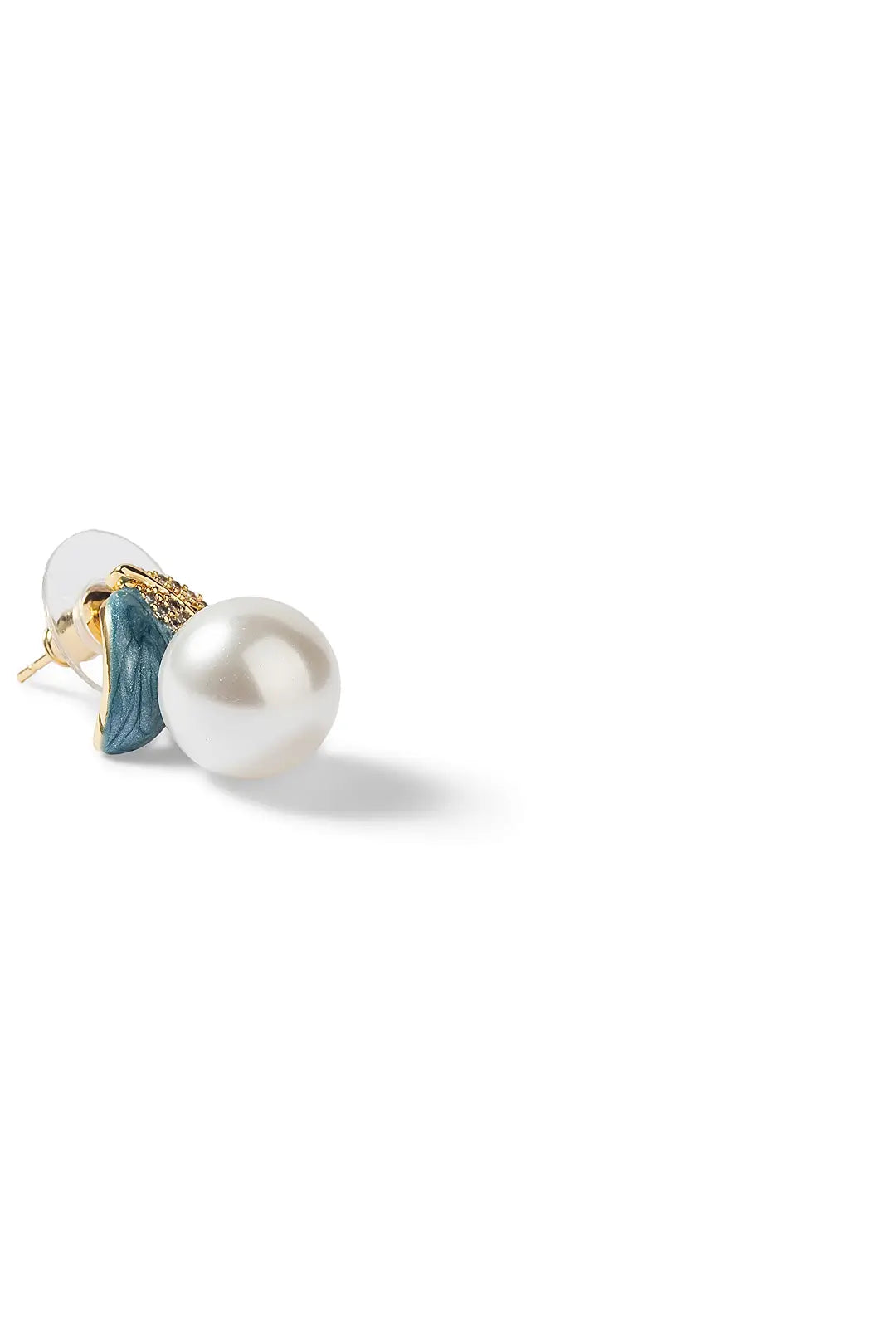 Side view of an Aiko Tanaka Soka earring with a blue enamel petal top and a white pearl drop, on white