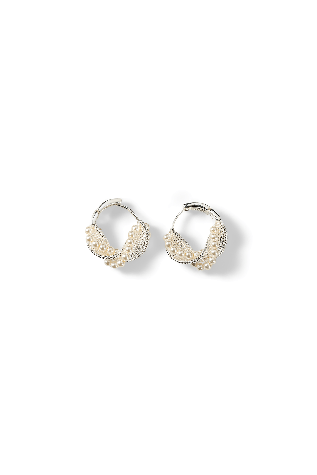 Aiko Tanaka Shiranami earrings, a pair of silver hoops set with crystals and pearls, on a white background