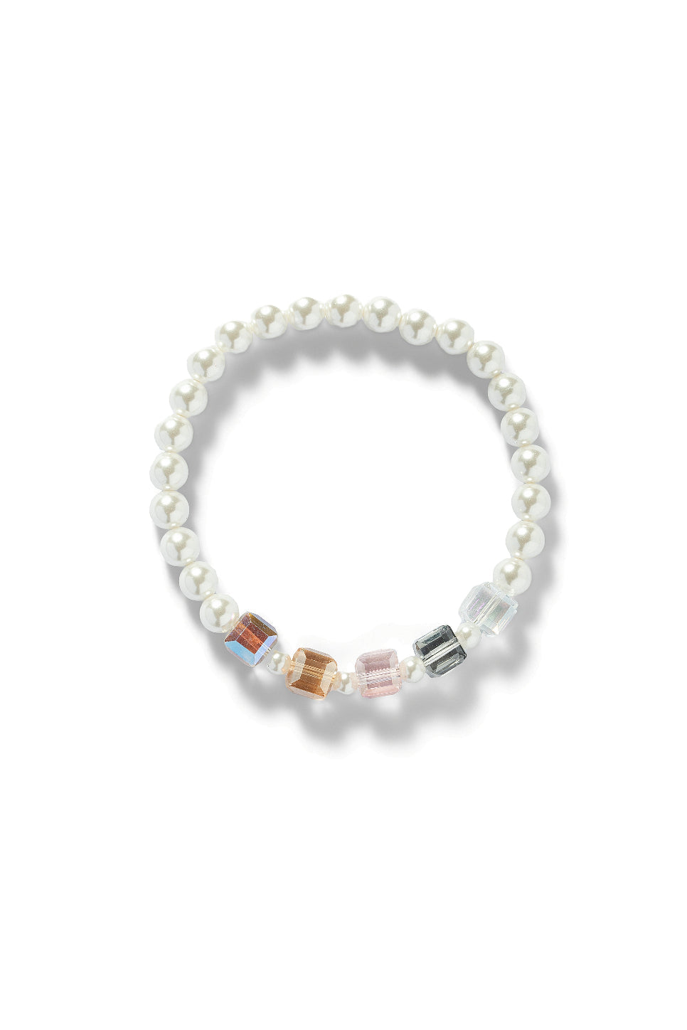 Aiko Tanaka Kosai no Wa bracelet with white pearls and a band of amber, pink and smoky crystal cubes, on a white background