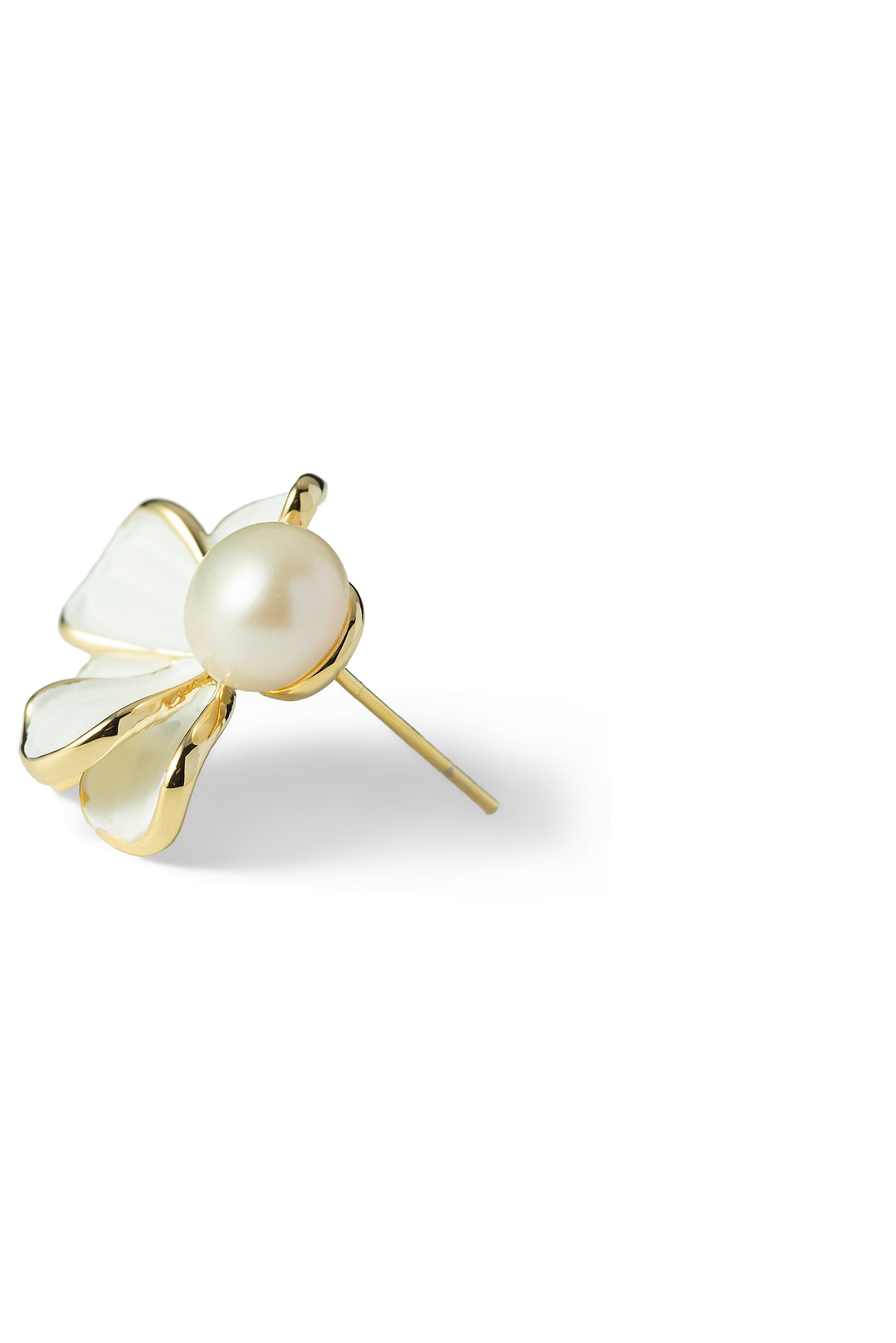 Side view of an Aiko Tanaka Kasumi Veil earring, a white enamel petal flower with a round pearl and gold post