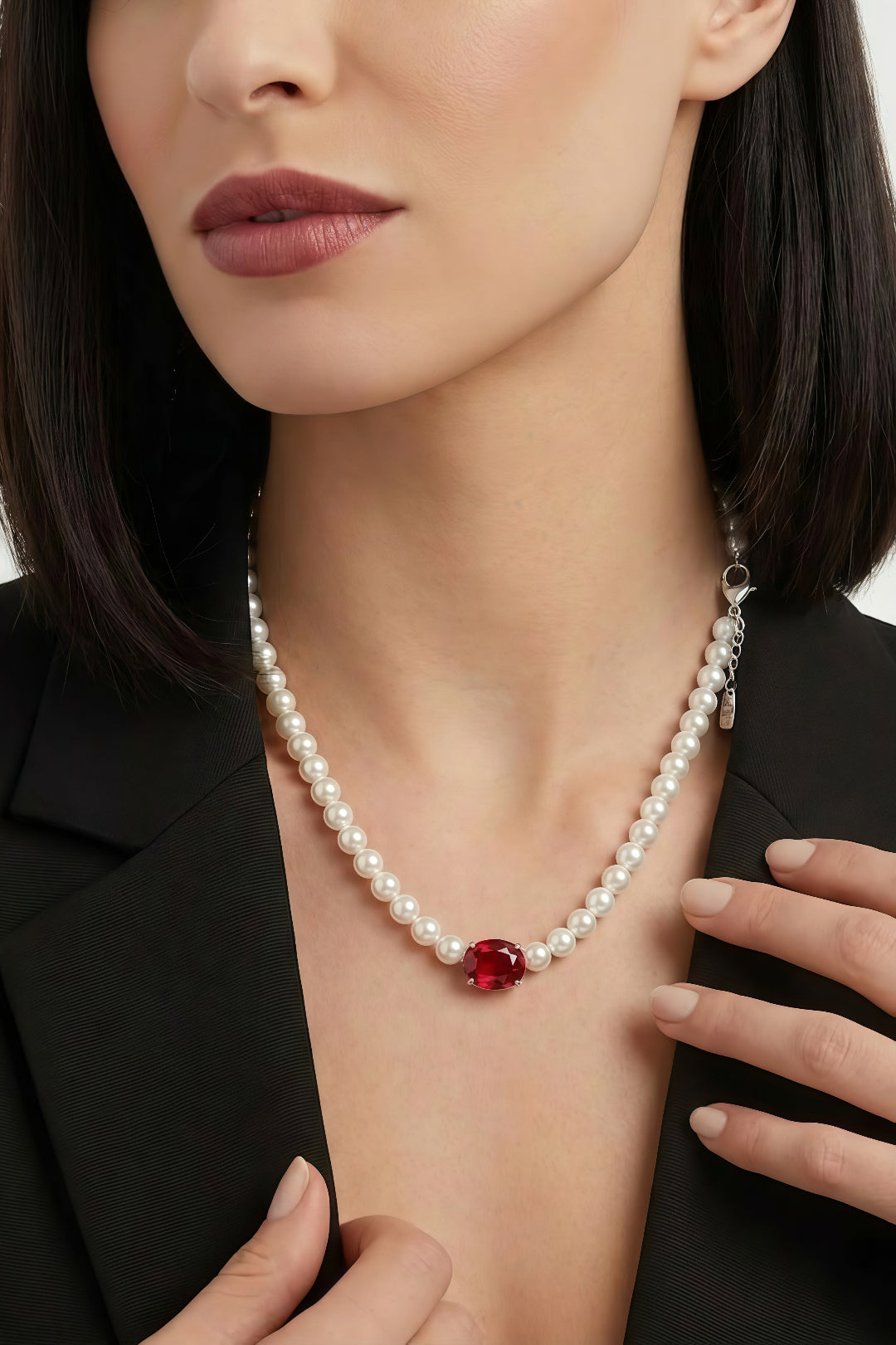 Woman in a black blazer wearing the Aiko Tanaka Aka no Kyokai pearl strand necklace with its red center stone at the collar