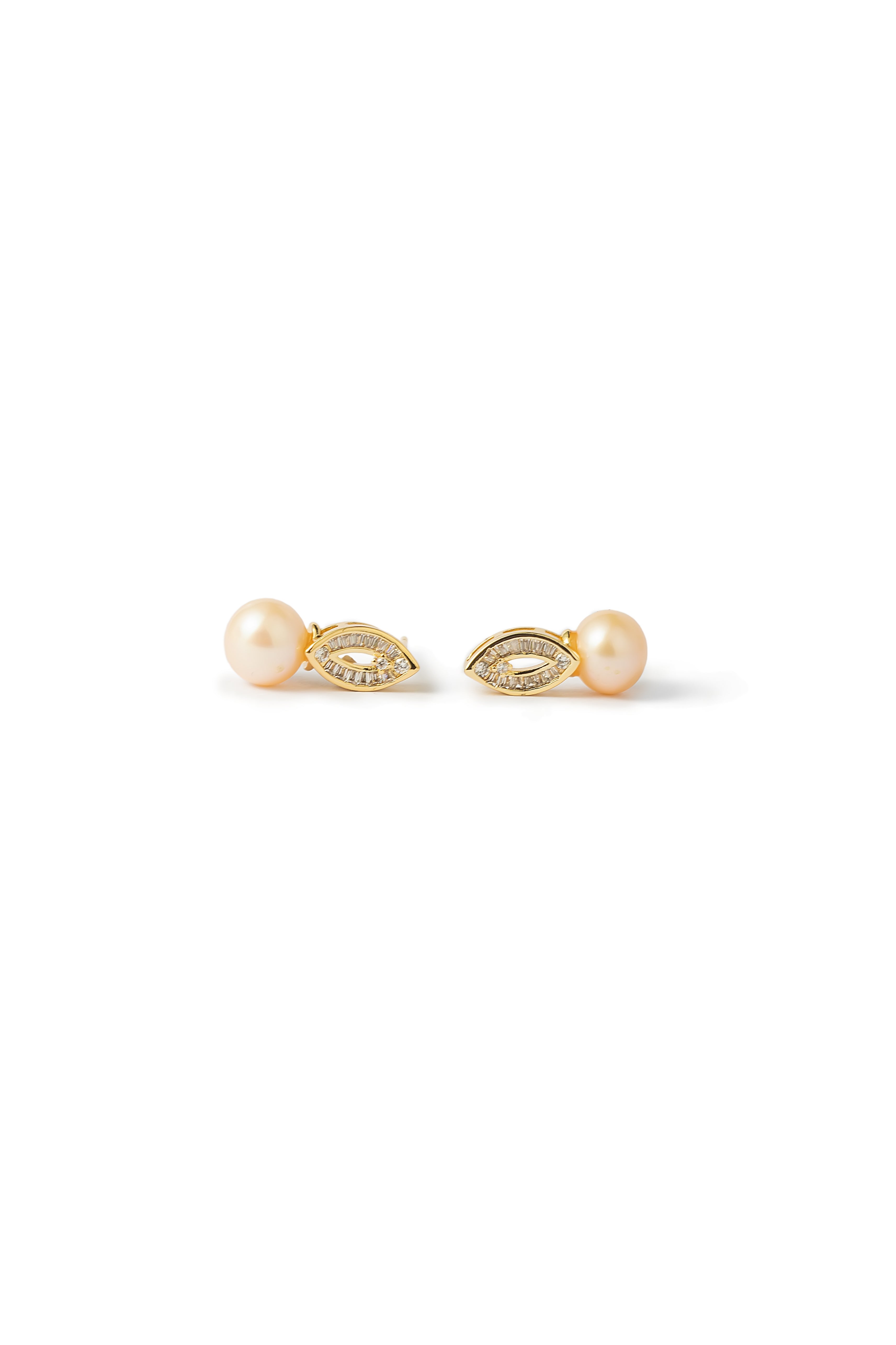 Aiko Tanaka Aurelia Trace pearl earrings, gold marquise outlines set with crystals above peach pearls, on white