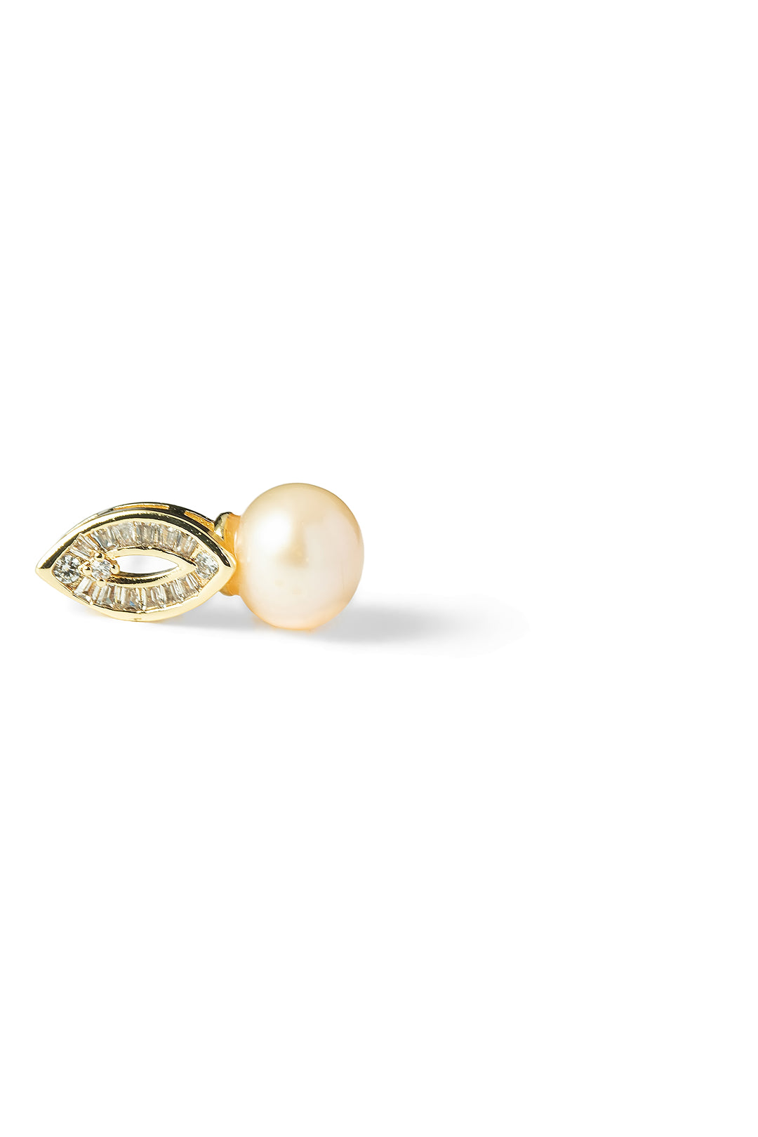 Side view of an Aiko Tanaka Aurelia Trace earring, an open gold marquise frame of crystals with a peach pearl drop