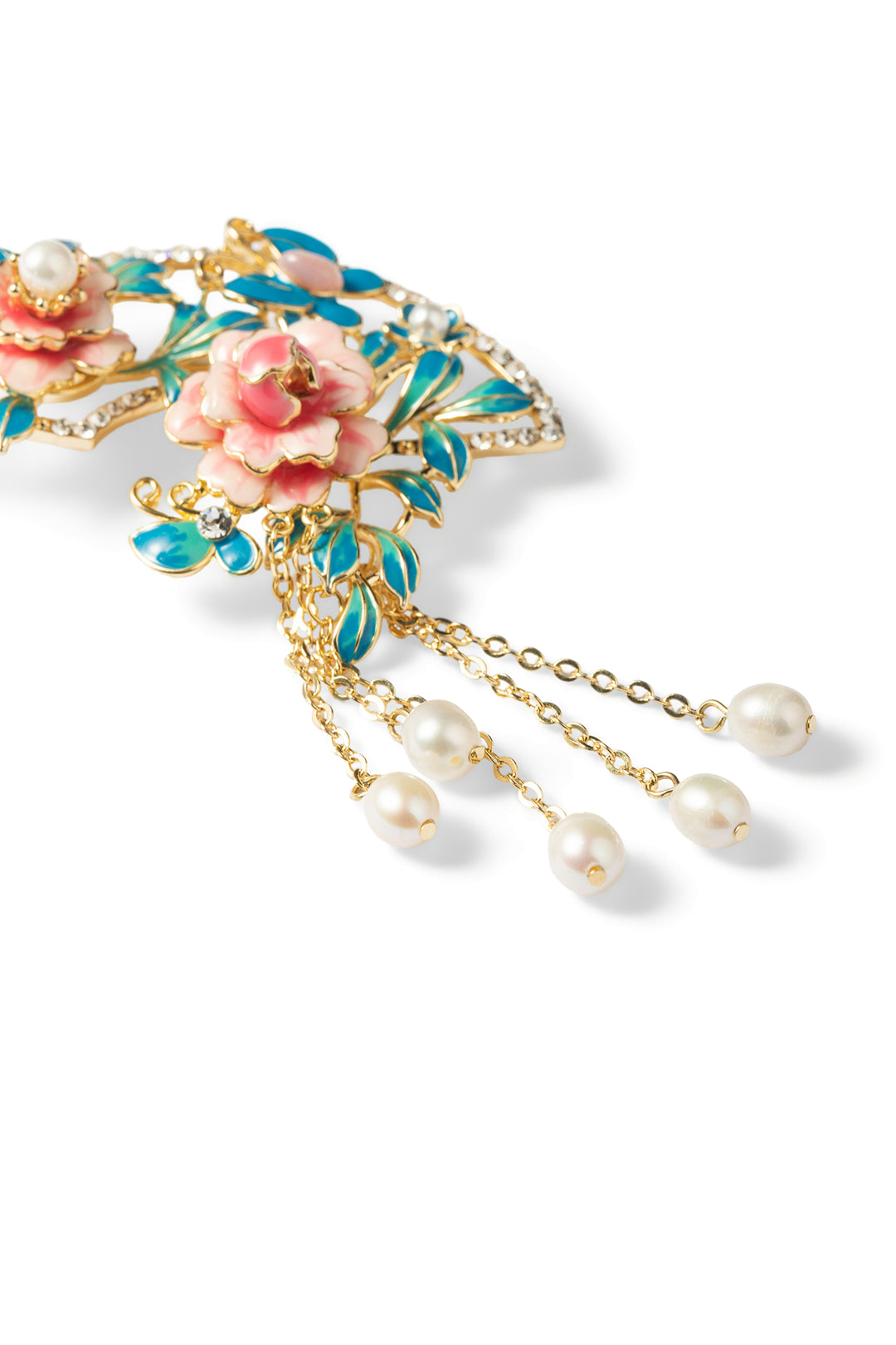 Aiko Tanaka Hanagasumi fan brooch with pink enamel flowers, teal leaves and dangling pearl tassels, angled on white