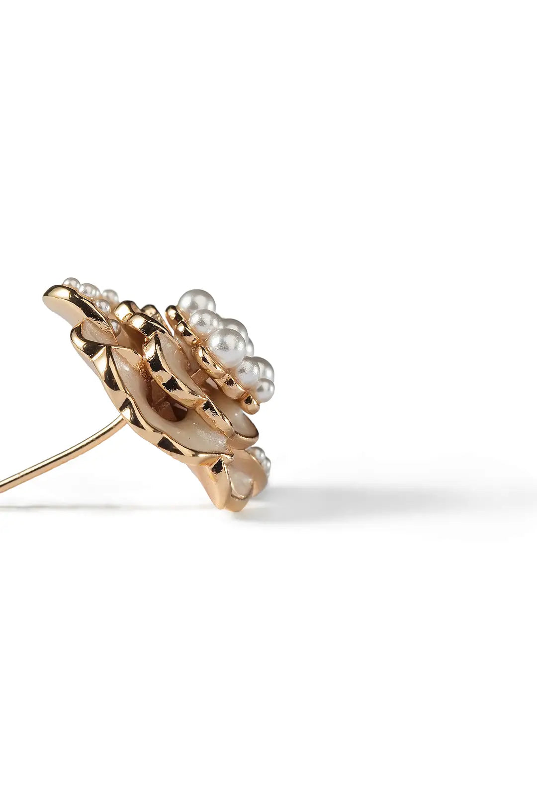 Aiko Tanaka Hanakage earring side view, a rose gold sculpted flower stud with crystal center, white background