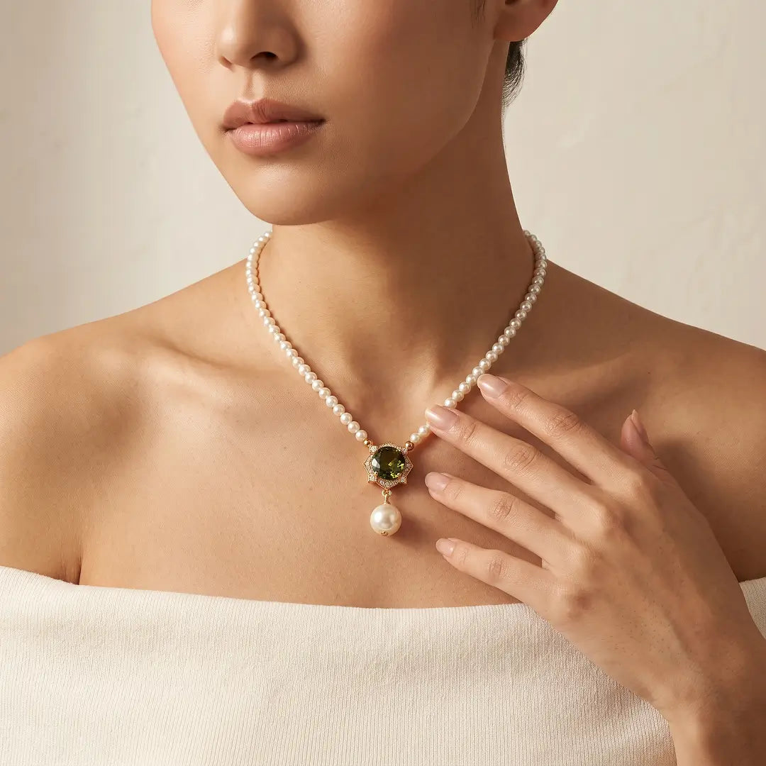 Aiko Tanaka Hasuike necklace, a pearl strand with a green stone pendant and pearl drop, worn off-shoulder