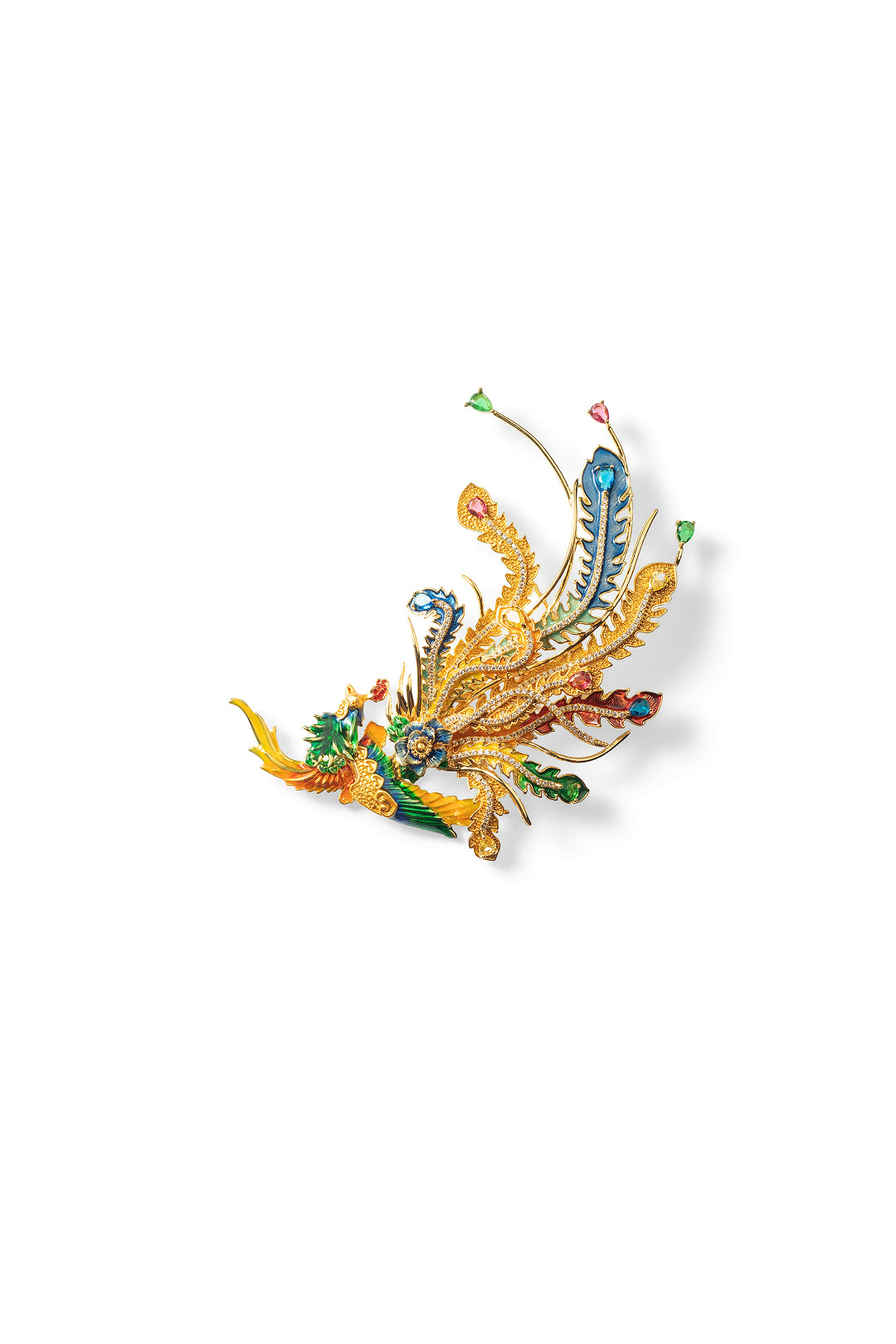 Aiko Tanaka Hoo no Kinka brooch, a gold phoenix with green, blue and red enamel tail feathers, on a white background