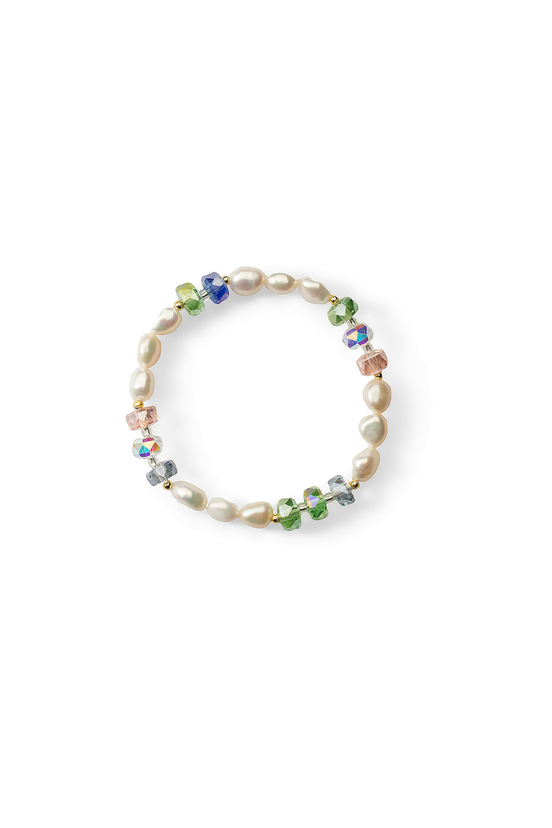 Aiko Tanaka Hoshi no Kakera bracelet of white rice pearls with blue, green and pink faceted crystal beads, on white
