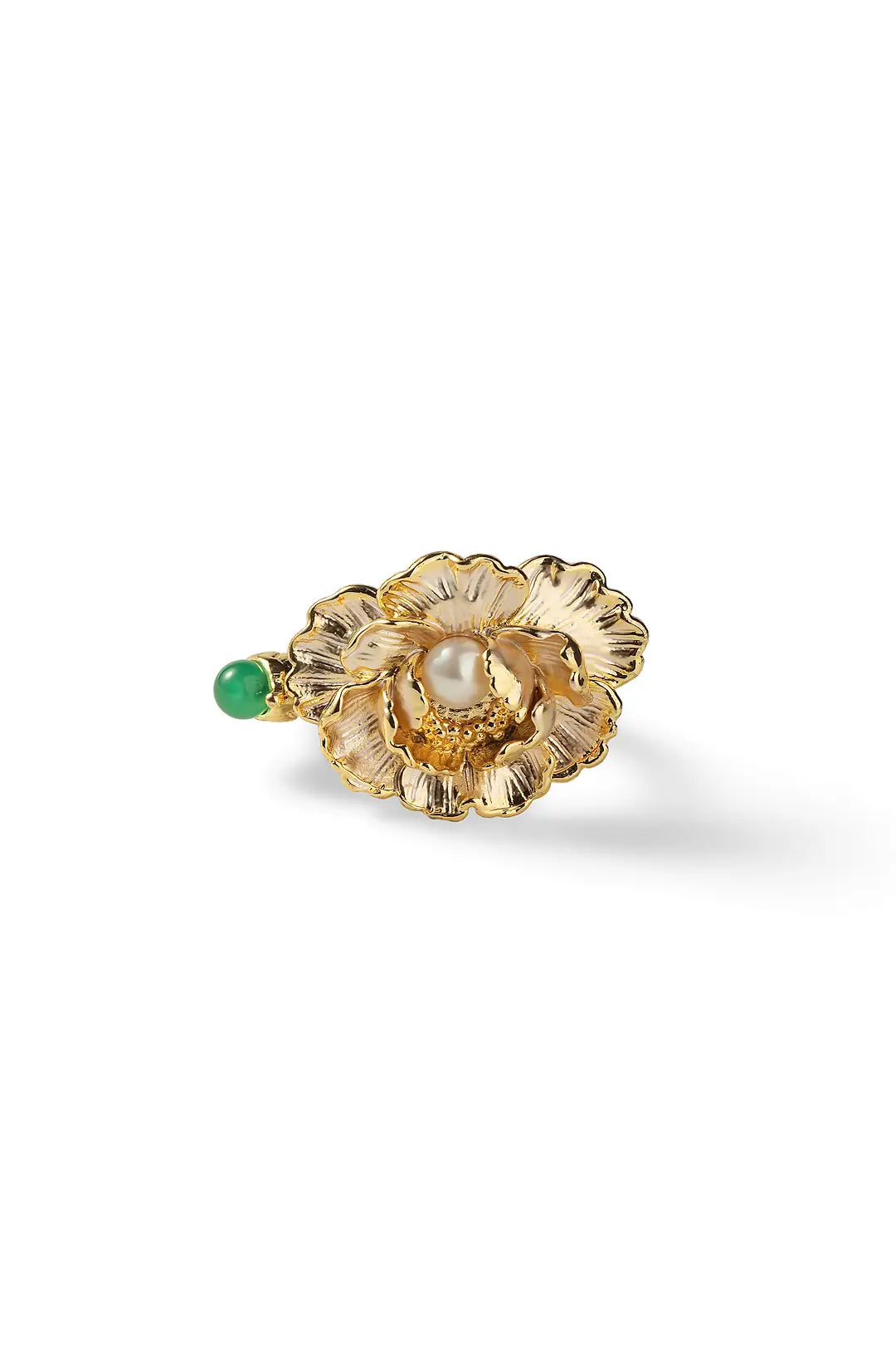 Aiko Tanaka Kinsenka ring, a gold sculpted flower with a pearl center and green stone accent, on a white background