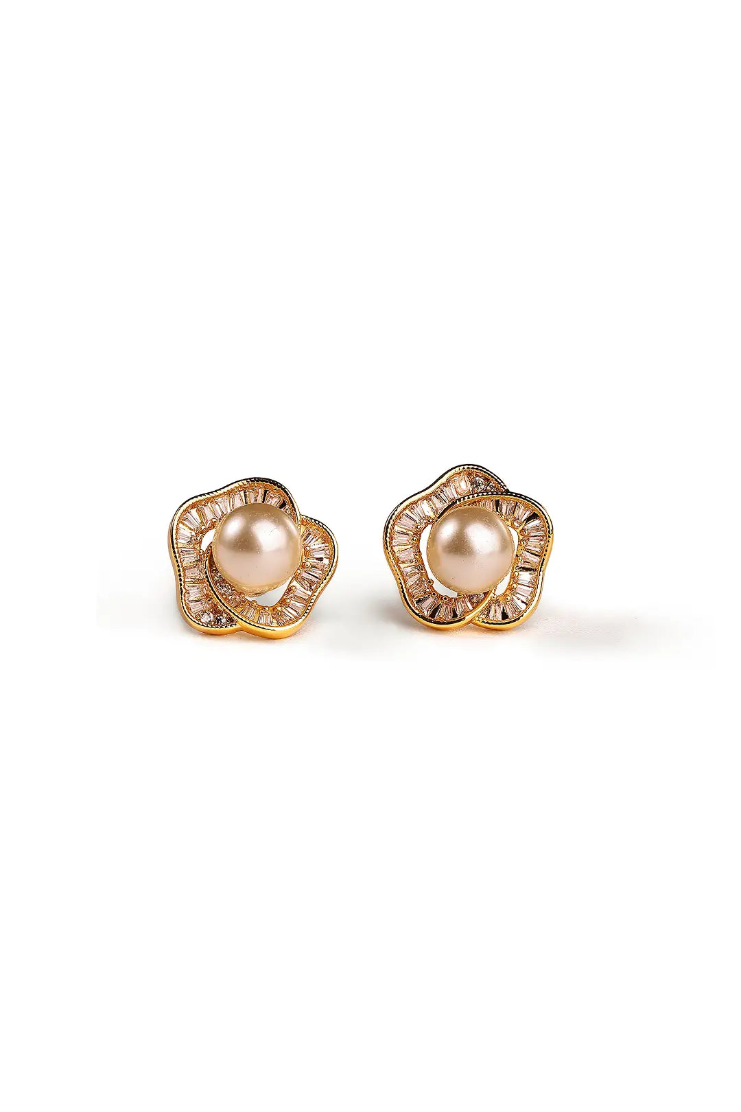Aiko Tanaka Madoromi earrings, a pair of gold flower studs with white pearl centers, shown on a white background