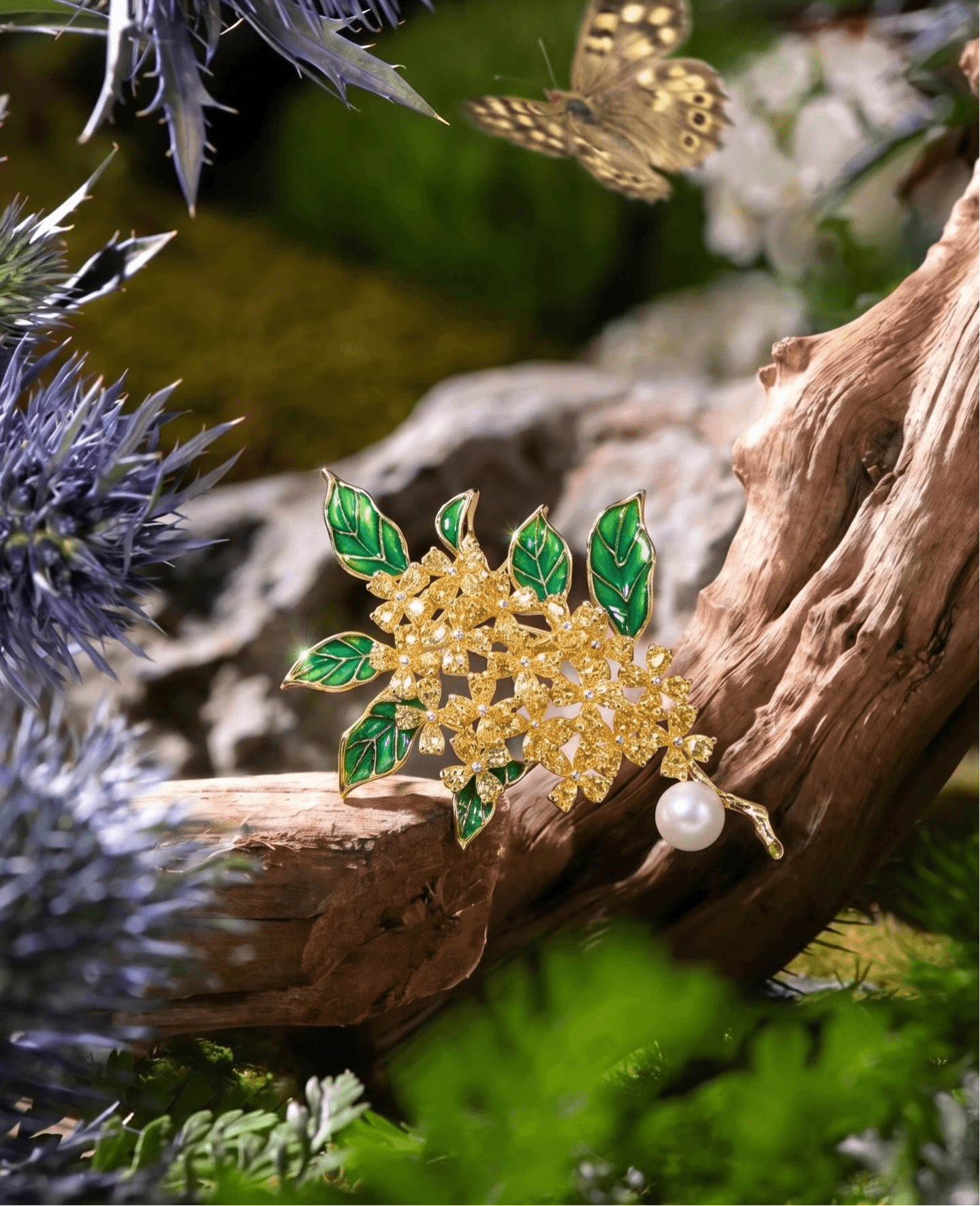 Aiko Tanaka Midori no Nagare gold blossom and pearl brooch on driftwood among thistles, moss and a butterfly