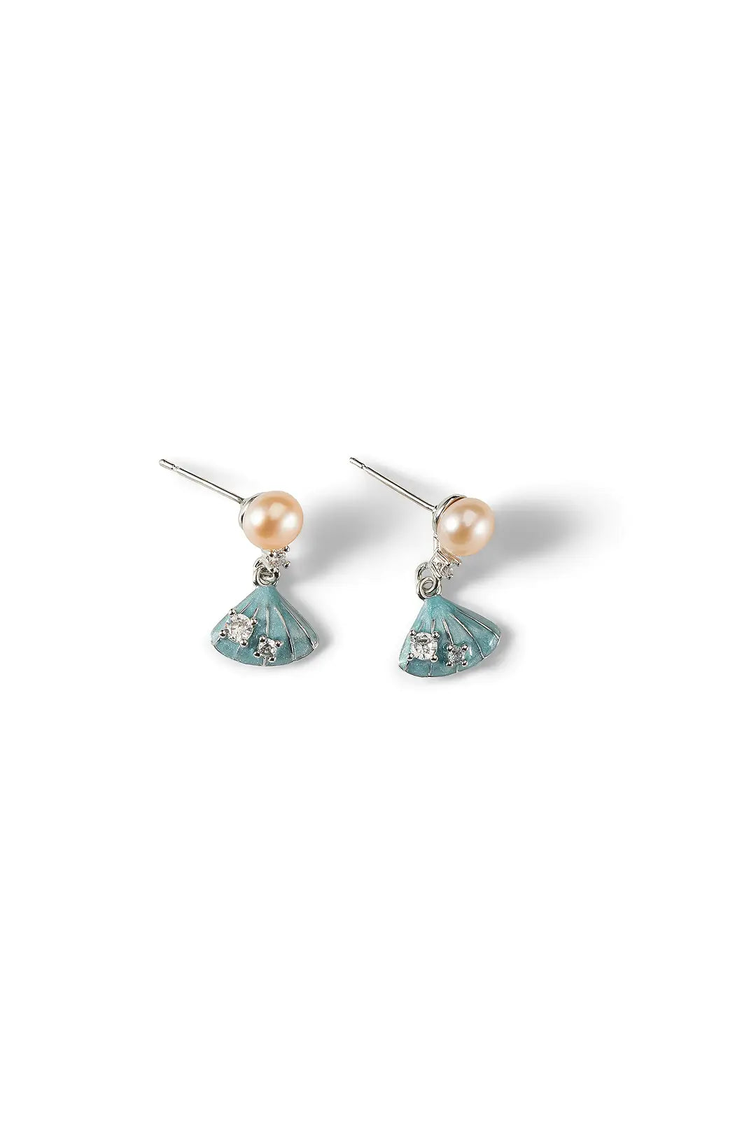 Aiko Tanaka Nagisa earrings, peach pearl studs with blue enamel shell drops, shown as a pair on a white background