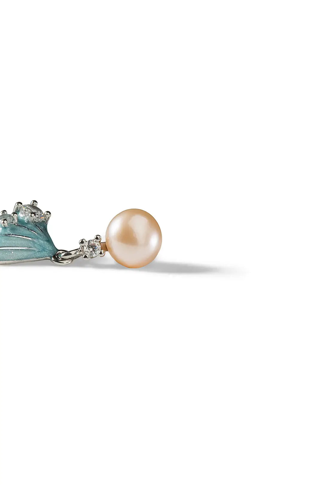 Aiko Tanaka Nagisa earring side view, a peach pearl with a blue enamel shell drop on a white background