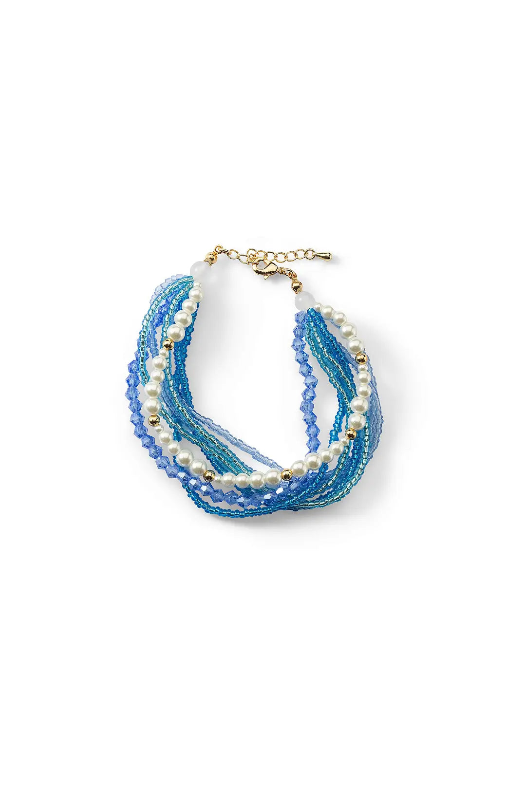 Aiko Tanaka Nami bracelet seen from above, a loop of blue bead and white pearl strands, on a white background