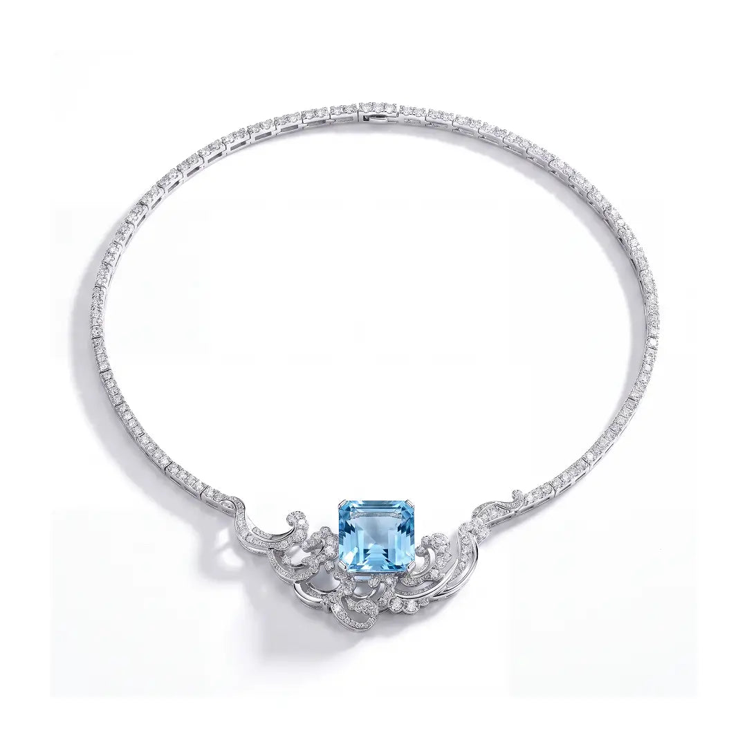 Aiko Tanaka High Jewelry No. 010 necklace, a crystal collar with a square blue center stone, on a white background