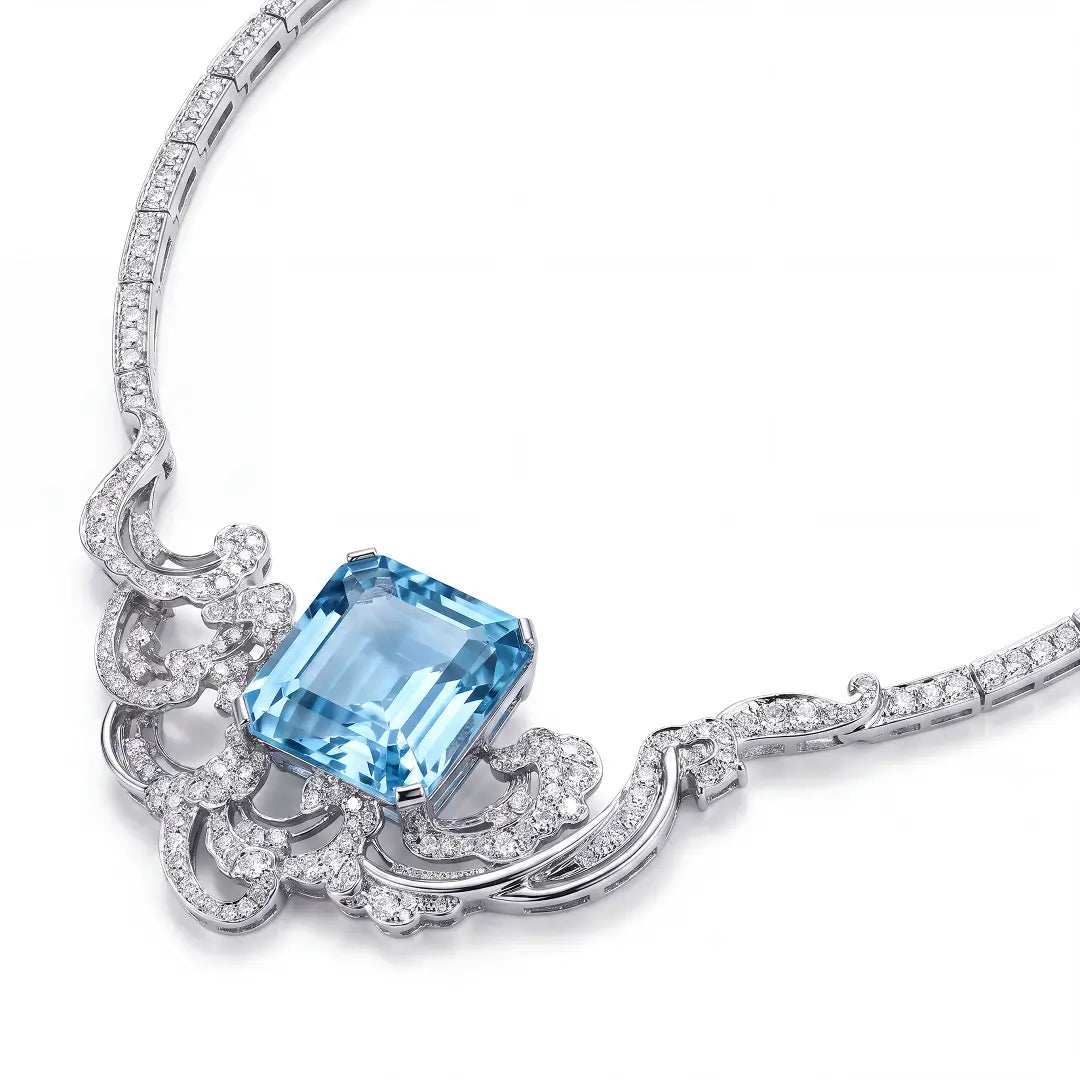 Aiko Tanaka High Jewelry No. 010 necklace angled, a square blue stone set in swirling silver pavé crystal waves