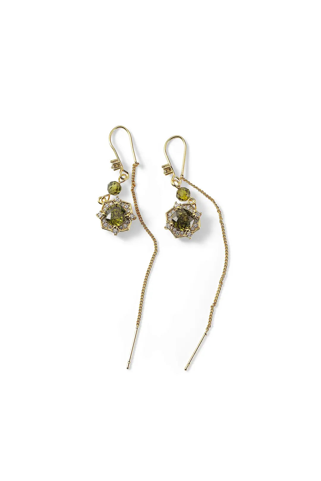 Aiko Tanaka Rensui earrings, a pair of gold threader earrings with green stone flowers, on a white background