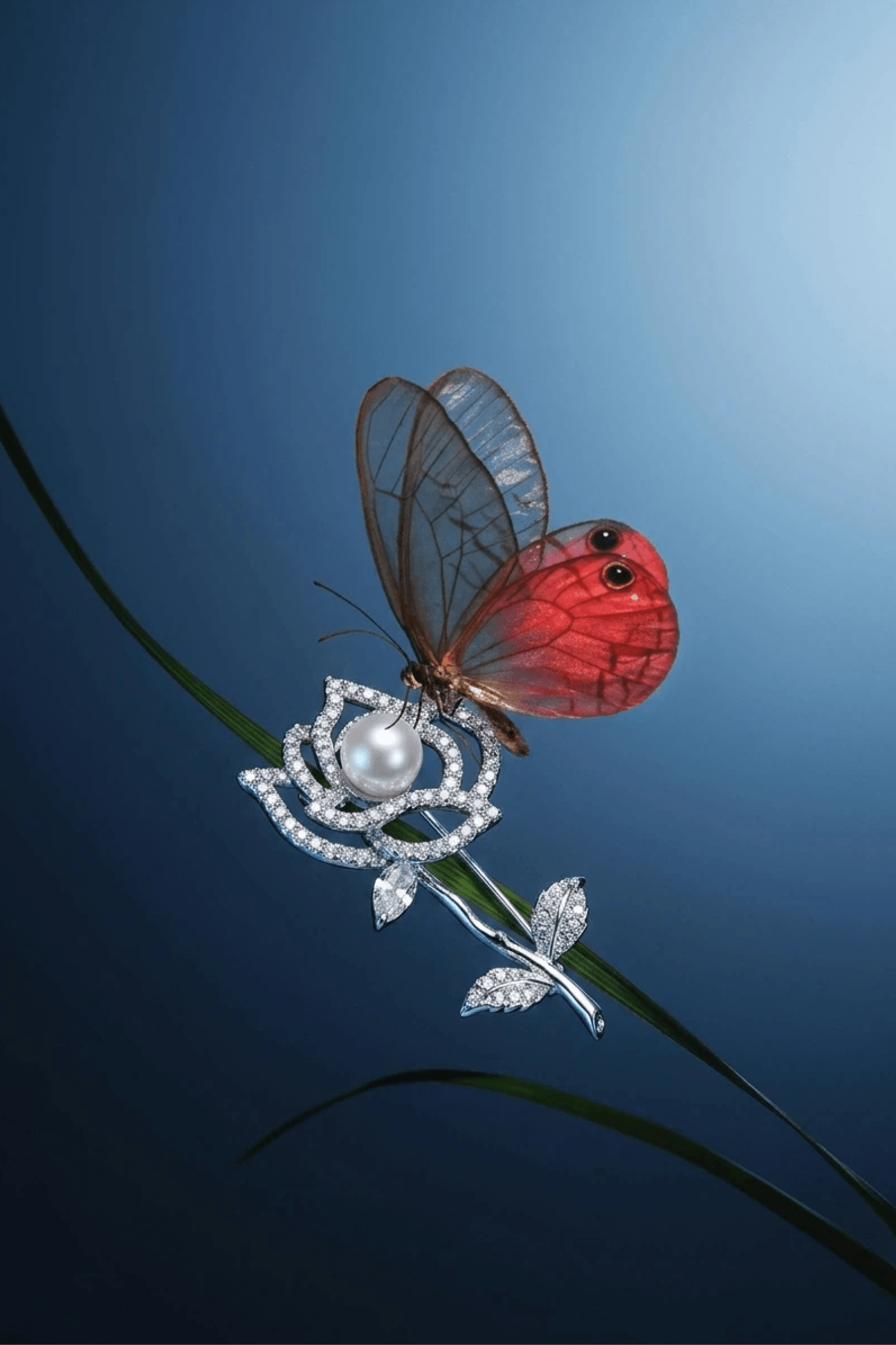 Aiko Tanaka Shiro Bara pearl rose brooch on a green stem beside a red glasswing butterfly against a deep blue backdrop