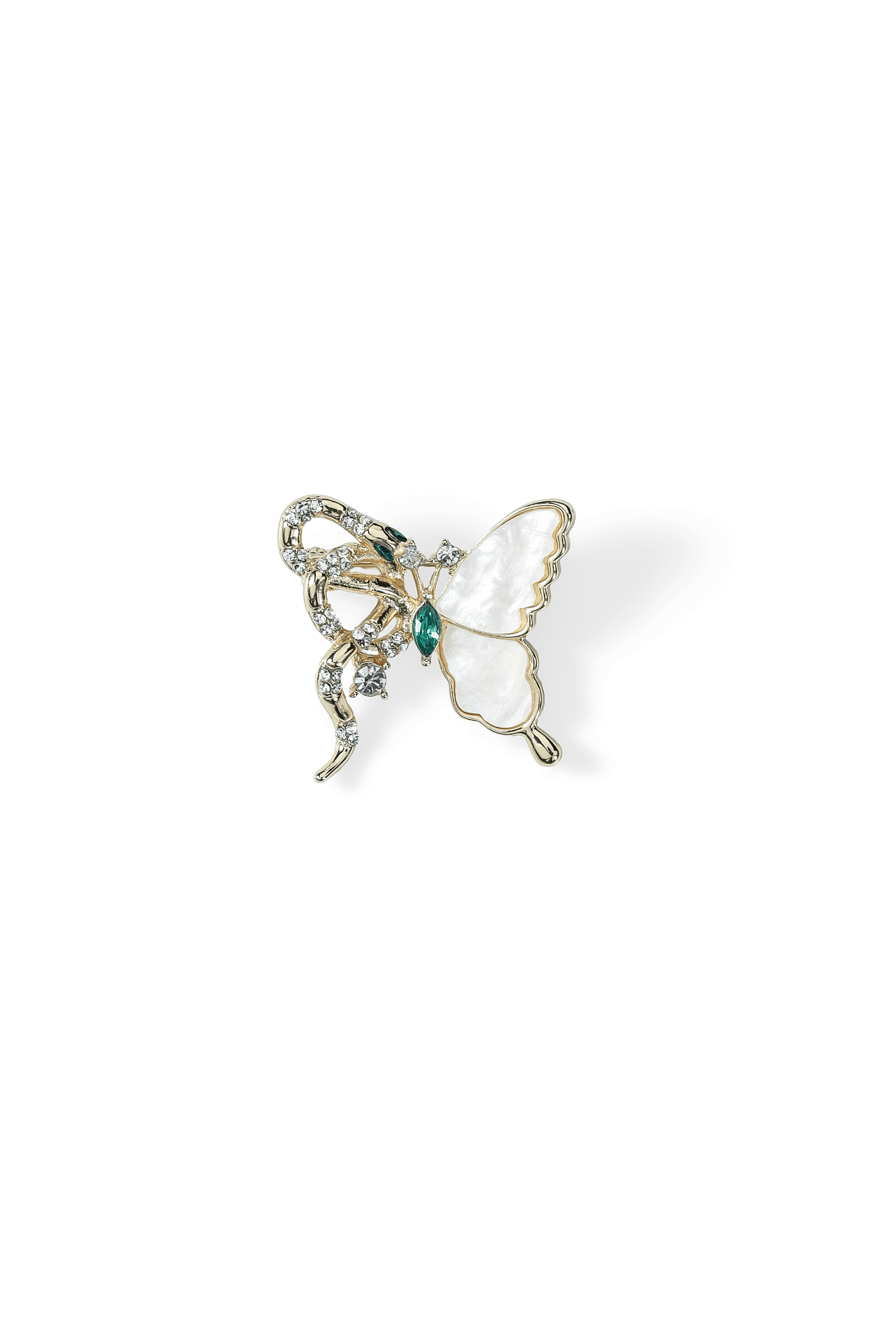 Aiko Tanaka Tsubasa no Hebi brooch, a gold serpent coiled around a mother-of-pearl butterfly with a green stone, on white