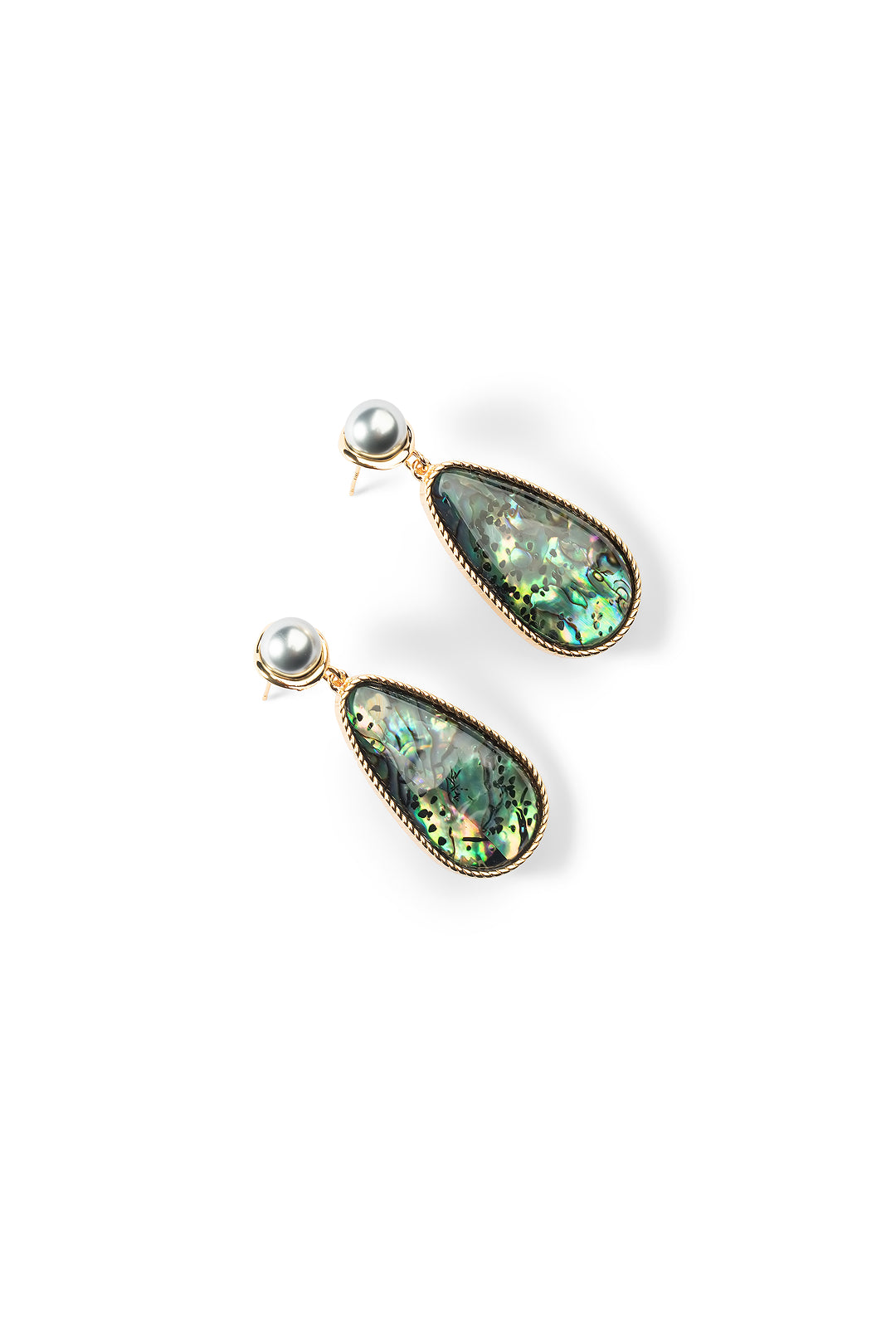 Aiko Tanaka Umi no Kagami earrings, gold-framed abalone shell teardrops hanging from small grey pearls, on white