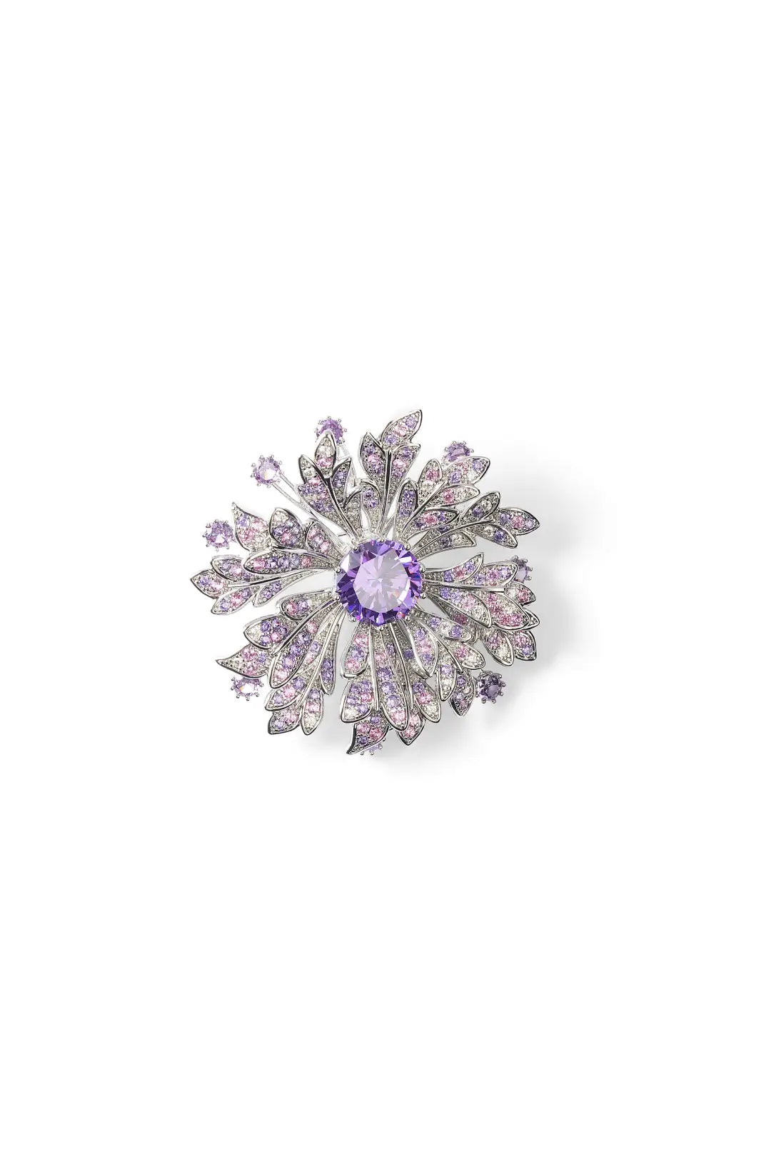 Aiko Tanaka Yozakura brooch, a round lilac crystal flower with a purple center stone, shown on a white background