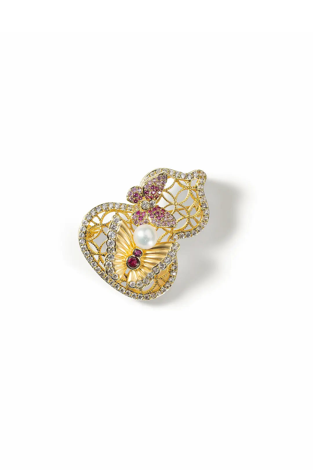 Aiko Tanaka Yugen brooch, a gold openwork gourd with a pink flower and pearl, shown on a white background